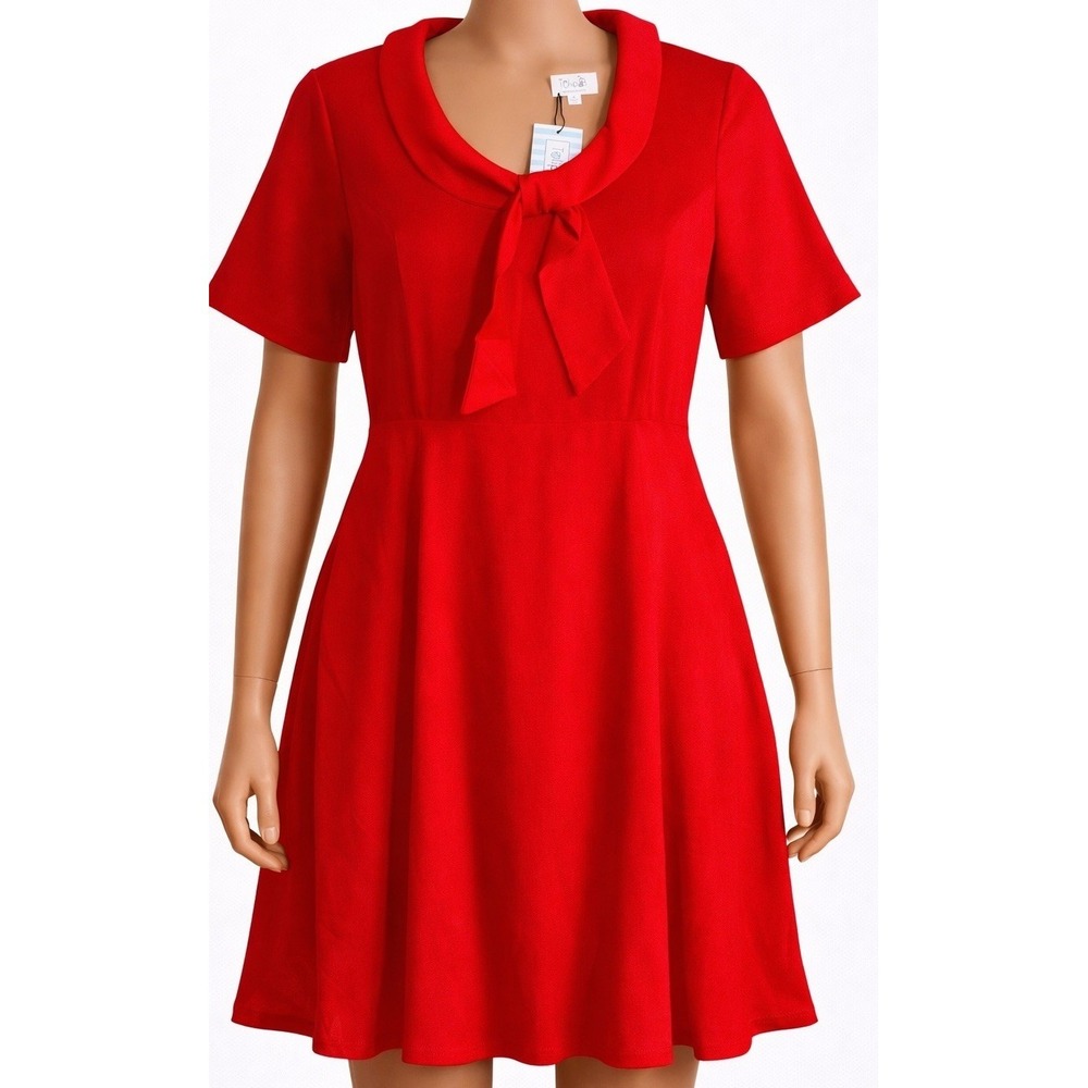 Tulip B Fit Flare Dress Womens Medium Red Bow Neck Short Sleeve NWT‎